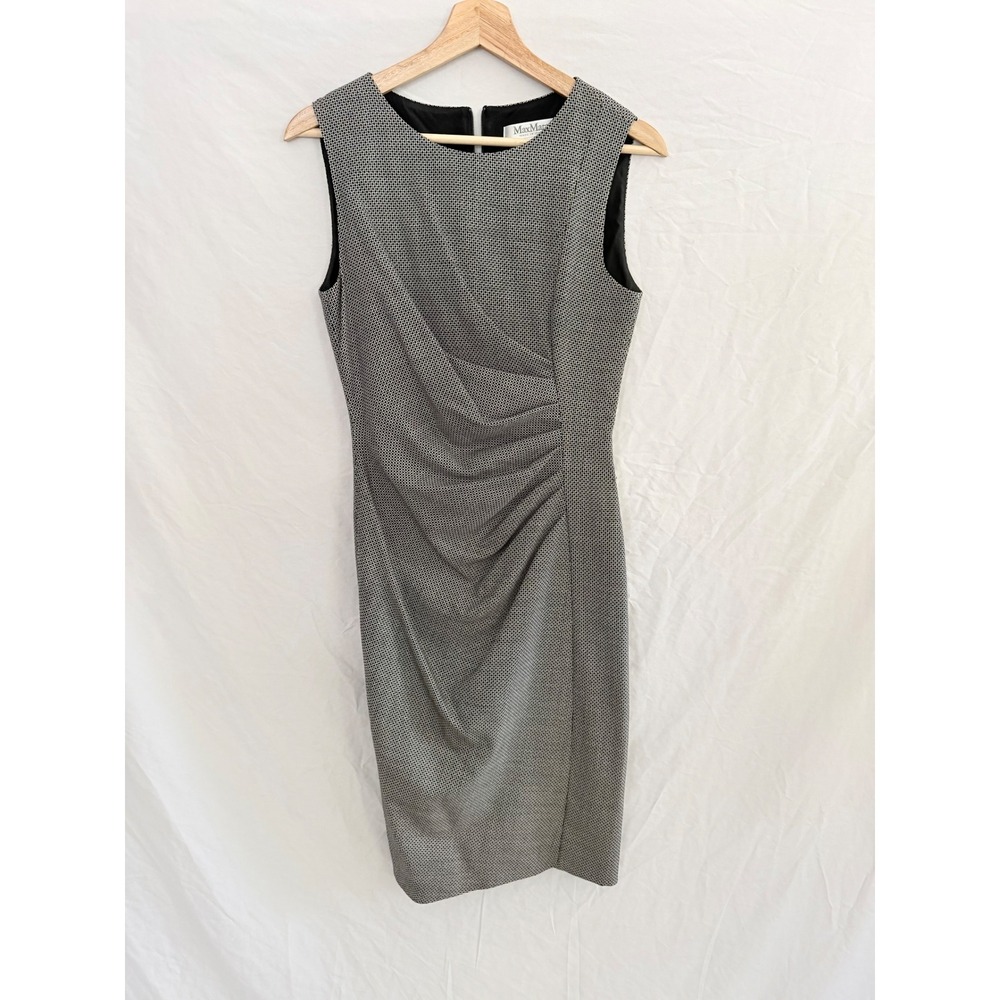 Max Mara Sheath Dress Womens Grey Ruched Wool Silk Micro Check Size 8